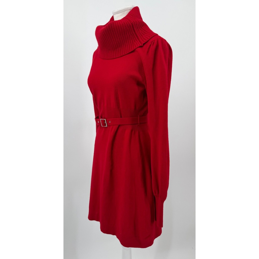 Karen Millen Red Wool Blend Belted Cowl Neck Puff Sleeve Sweater Dress Size 2